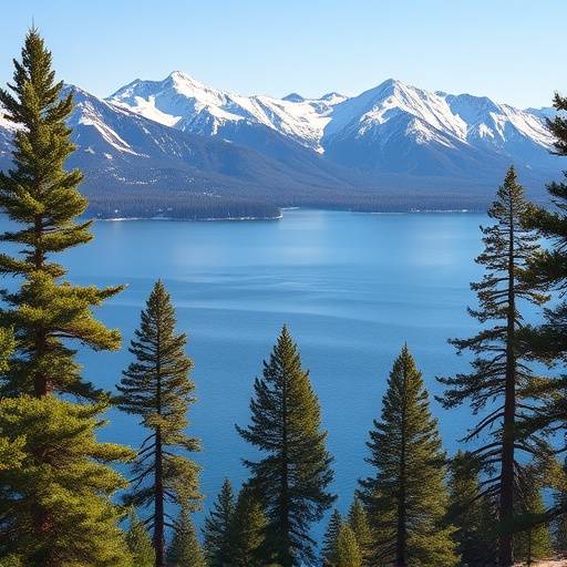 Photo of a serene lake in Lake Tahoe surrounded by snow-capped mountains and pine trees