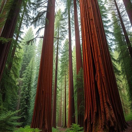 Photo of the towering redwood trees in Redwood National Park emphasizing the scale and lush forest