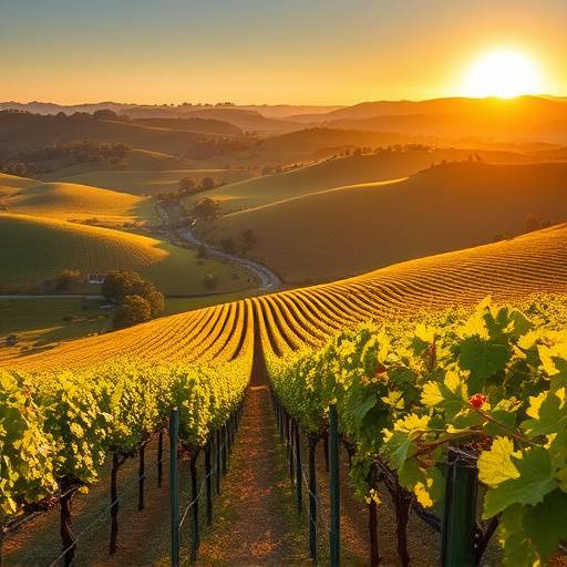 Photo showing a vineyard in Napa Valley with rolling hills and rows of grapevines indicating agricultural beauty